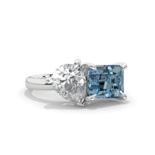 Load image into Gallery viewer, 3 Carat Giliarto Emerald Cut Aquamarine with Pear Cut Paired Moissanite Two-Stone Engagement Ring