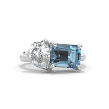 Load image into Gallery viewer, 3 Carat Giliarto Emerald Cut Aquamarine with Pear Cut Paired Moissanite Two-Stone Engagement Ring
