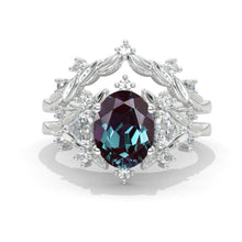 Load image into Gallery viewer, 2 Carat Oval Alexandrite Halo 14K White Gold Floral  Engagement Ring Set