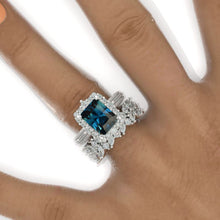 Load image into Gallery viewer, 3Ct Teal Sapphire Engagement Ring Halo Radiant Cut Teal Sapphire Engagement Ring, 9x7mm Radiant Cut Teal Sapphire Engagement Ring with Eternity Band