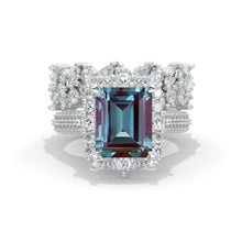 Load image into Gallery viewer, 3Ct Alexandrite Engagement Ring Halo Radiant Cut Alexandrite Engagement Ring, 9x7mm Radiant Cut Alexandrite Engagement Ring with Eternity Band