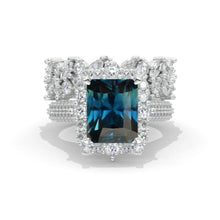 Load image into Gallery viewer, 3Ct Teal Sapphire Engagement Ring Halo Radiant Cut Teal Sapphire Engagement Ring, 9x7mm Radiant Cut Teal Sapphire Engagement Ring with Eternity Band