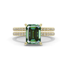 Load image into Gallery viewer, 3Ct Green Moissanite Engagement Ring, Emerald Step Cut Green Moissanite Engagement Ring, Moissanite Pave Accents Stones Hidden Halo with Eternity Ring Set