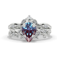 Load image into Gallery viewer, 1.5 Carat Pear Alexandrite Halo Floral Engagement 14K White Gold Ring Eternity Ring Set