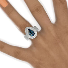 Load image into Gallery viewer, 3 Carat Pear Cut Teal Sapphire Double Diamond Halo Engagement Ring