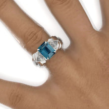 Load image into Gallery viewer, 3 Carat Teal Sapphire Men's Art Deco Wing Gold Ring.