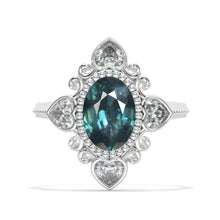 Load image into Gallery viewer, 3 CT Oval Halo Teal Sapphire Vintage Wedding Ring. 14K Solid Gold Engagement Ring Anniversary Ring, Heart Halo Ring