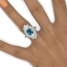 Load image into Gallery viewer, 3 CT Emerald Halo Teal Sapphire Vintage Wedding Ring. 14K Solid Gold Engagement Ring Anniversary Ring, Double Halo Ring