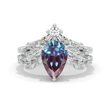 Load image into Gallery viewer, 3 Carat Pear Alexandrite Halo Floral Engagement 14K White Gold  Ring Eternity Ring Set