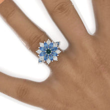Load image into Gallery viewer, Floral Sapphire Teal Sapphire Sunflower Cluster Ring,