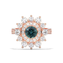 Load image into Gallery viewer, Double Halo Teal Sapphire Cluster Ring