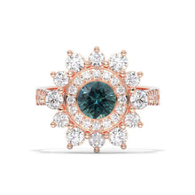 Load image into Gallery viewer, Double Halo Teal Sapphire Cluster Ring