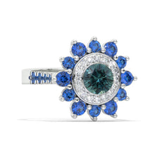 Load image into Gallery viewer, Sapphire Double Halo Teal Sapphire Cluster Ring