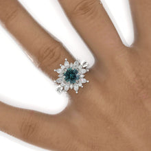 Load image into Gallery viewer, 2 Carat Round Teal Sapphire Snowflake Floral Halo Engagement Ring