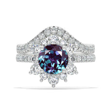 Load image into Gallery viewer, 2 Carat Round Alexandrite Snowflake Halo Engagement Ring Set. Victorian 14K White Gold Ring Set.