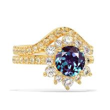 Load image into Gallery viewer, 2 Carat Round Alexandrite Snowflake Halo Engagement Ring Set. Victorian 14K White Gold Ring Set.