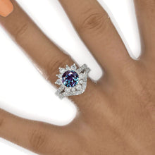Load image into Gallery viewer, 2 Carat Round Alexandrite Snowflake Halo Engagement Ring Set. Victorian 14K White Gold Ring Set.