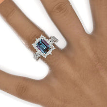 Load image into Gallery viewer, 4 Carat Vintage Style 10x8mm Emerald Cut Alexandrite White Gold Floral Shank Fairy Tail Halo Engagement Ring