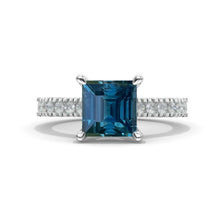 Load image into Gallery viewer, 3 Carat Princess Cut Teal Sapphire Hidden Halo Gold Engagement Ring