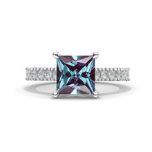 Load image into Gallery viewer, 3 Carat Princess Cut Alexandrite Hidden Halo Gold Engagement Ring