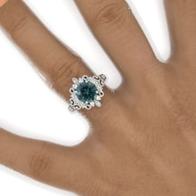 Load image into Gallery viewer, 2 Carat Flowers Halo Vintage Style Teal Sapphire Engagement Ring 14K White Gold