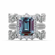 Load image into Gallery viewer, 3 Carat Alexandrite Engagement Ring Halo Emerald Cut Alexandrite Nontraditional Engagement Ring, 9x7mm Step Cut Alexandrite Fairy Engagement Ring with Eternity Band
