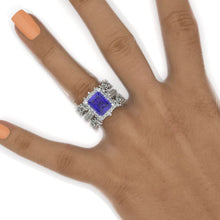 Load image into Gallery viewer, 3 Carat Alexandrite Engagement Ring Halo Emerald Cut Alexandrite Nontraditional Engagement Ring, 9x7mm Step Cut Alexandrite Fairy Engagement Ring with Eternity Band