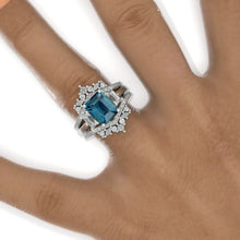 Load image into Gallery viewer, Curved V Band Pavé Teal Sapphire Double Ring Insert 14K White Gold