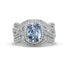 Load image into Gallery viewer, 2.5 Carat Genuine Aquamarine Elongated Cushion Halo Engagement 14K White Gold Three Ring Eternity Ring Set