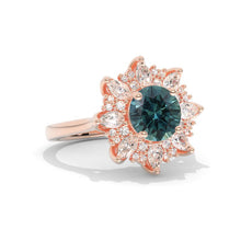 Load image into Gallery viewer, 2 Carat Ethically LAB-Grown Teal Sapphire Halo Floral Sunflower Gold Engagement Ring