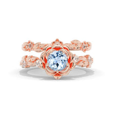 Load image into Gallery viewer, Round Genuine Aquamarine Floral Halo 14K White Gold Floral Fairy Tail Engagement Ring Set