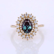 Load image into Gallery viewer, 1 Ct Alexandrite Double Halo Engagement Ring, Vintage Oval Shape Cut Alexandrite Engagement Ring, Side Accents Stones 14K Gold