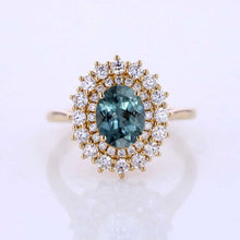 Load image into Gallery viewer, 1 Ct Teal Sapphire Double Halo Engagement Ring, Vintage Oval Shape Cut Teal Sapphire Engagement Ring, Side Accents Stones 14K Gold