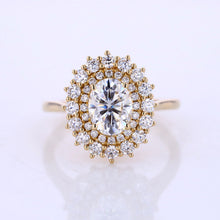 Load image into Gallery viewer, 1 Ct Moissanite Double Halo Engagement Ring, Vintage Oval Shape Cut Moissanite Engagement Ring, Side Accents Stones 14K Gold