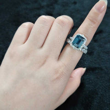 Load image into Gallery viewer, 4Ct Teal Sapphire Engagement Ring Halo Radiant Cut Teal Sapphire Engagement Ring, 10x8mm Radiant Cut Teal Sapphire Engagement Ring with Eternity band