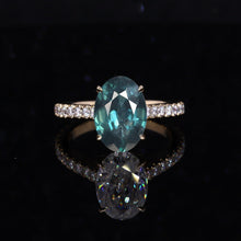 Load image into Gallery viewer, 3 Carat Teal Sapphire Oval Cut Hidden Halo Rose Gold Engagement Ring