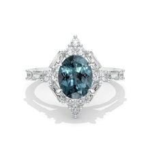 Load image into Gallery viewer, 14K Solid Gold Ring 2CT Oval Halo Teal Sapphire Vintage Wedding Ring. Engagement Ring Anniversary Ring, Baguette Halo Ring