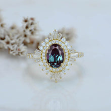 Load image into Gallery viewer, 2 Carat Alexandrite Oval Cut Halo 14K Yellow Gold Engagement Ring