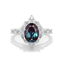 Load image into Gallery viewer, 14K Solid Gold Ring 2CT Oval Halo Alexandrite Vintage Wedding Ring. Engagement Ring Anniversary Ring, Baguette Halo Ring