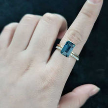 Load image into Gallery viewer, 3Ct Teal Sapphire Engagement Ring Halo Elongated Radiant Cut Teal Sapphire Engagement Ring, 9x7mm Elongated Radiant Cut Teal Sapphire Engagement Ring with Eternity band