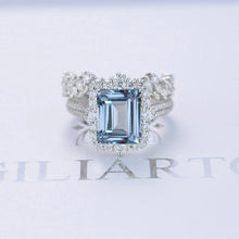 Load image into Gallery viewer, 3Ct Natural Aquamarine Engagement Ring. Halo Emerald Cut Genuine Aquamarine Engagement Ring, 9x7mm Step Cut Aquamarine Engagement Ring with Eternity Band