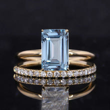 Load image into Gallery viewer, 3Ct Aquamarine Engagement Ring Halo Elongated Radiant Cut Aquamarine Engagement Ring, 9x7mm Elongated Emerald Cut Aquamarine Engagement Ring with Eternity Band