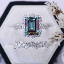 Load image into Gallery viewer, 3Ct Alexandrite Engagement Ring. Halo Emerald Cut Alexandrite Engagement Ring, 9x7mm Step Cut Alexandrite Engagement Ring