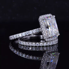 Load image into Gallery viewer, 3Ct Moissanite Engagement Ring Halo Radiant Cut Moissanite Engagement Ring, 9x7mm Radiant Cut Moissanite Engagement Ring with Eternity band