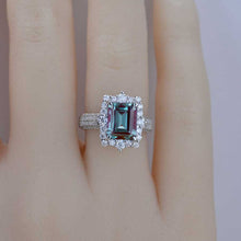 Load image into Gallery viewer, 3Ct Alexandrite Engagement Ring Halo Emerald Step Cut Alexandrite Engagement Ring