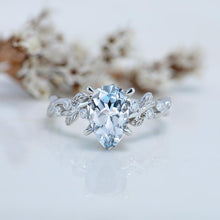 Load image into Gallery viewer, 3 Carat Aquamarine Pear Cut Floral Gold Engagement Ring