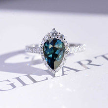 Load image into Gallery viewer, 3 Carat Pear Cut Halo Teal Sapphire 14K White Gold Ring