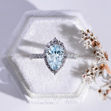 Load image into Gallery viewer, 3 Carat Pear Cut Aquamarine Halo Moissanite 14k White Gold Ring