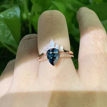 Load image into Gallery viewer, 3 Carat Pear Cut Teal Sapphire White Gold Ring- Two Ring Set