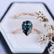 Load image into Gallery viewer, 3 Carat Pear Teal Sapphire Engagement Eternity Rose Gold Ring Set